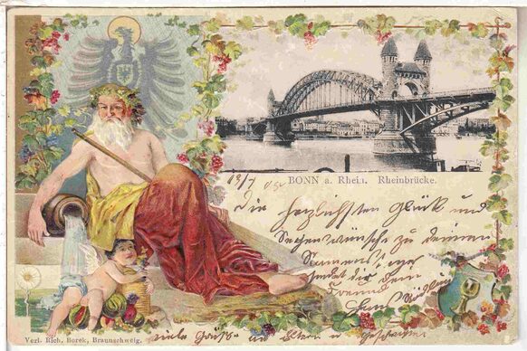 Grußkarte mit Alter Rheinbrücke; Querformat; Farblithographie; Stempel: 14.07.1905; Signatur: DA02_00980