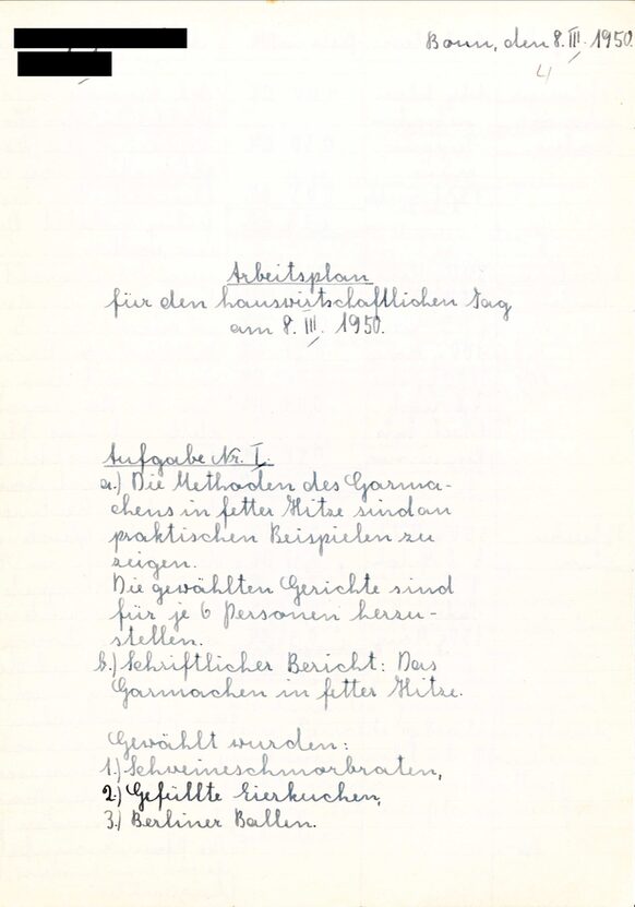 Benotete Arbeit im Fach Hauswirtschaft der Reifeprüfung 1950 (S03/59)