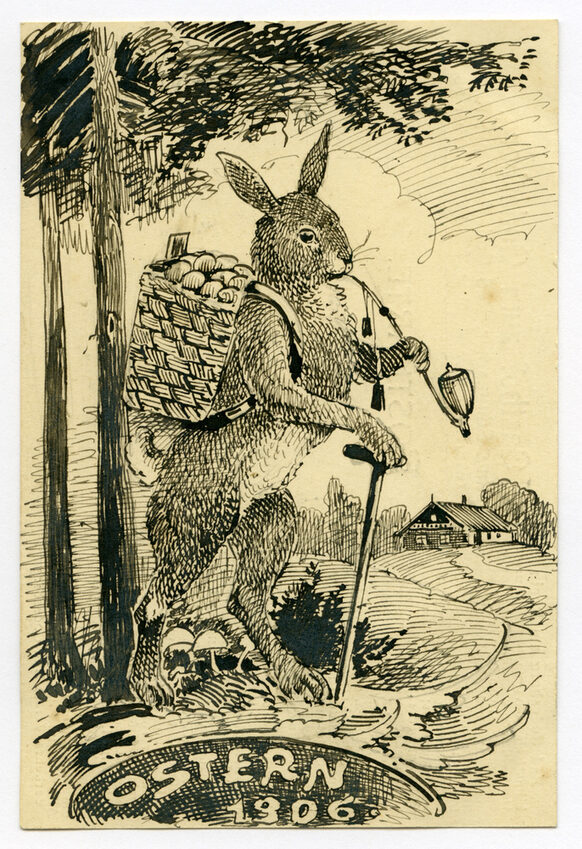 Ostergruß von Friedrich Bremer, 1906 Osterhase mit Eierkorb und Pfeife