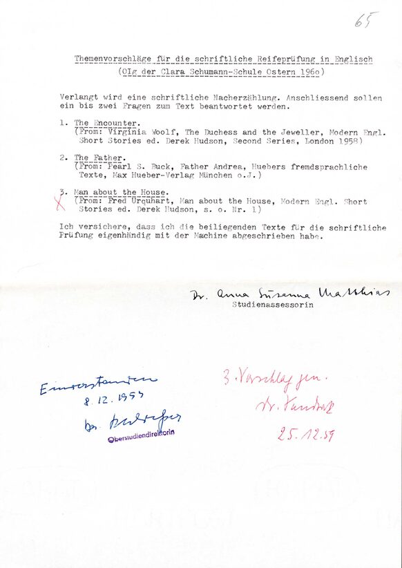 Vorschläge für die Aufgaben im Fach Mathematik für die Reifeprüfung 1960 (S03/85)