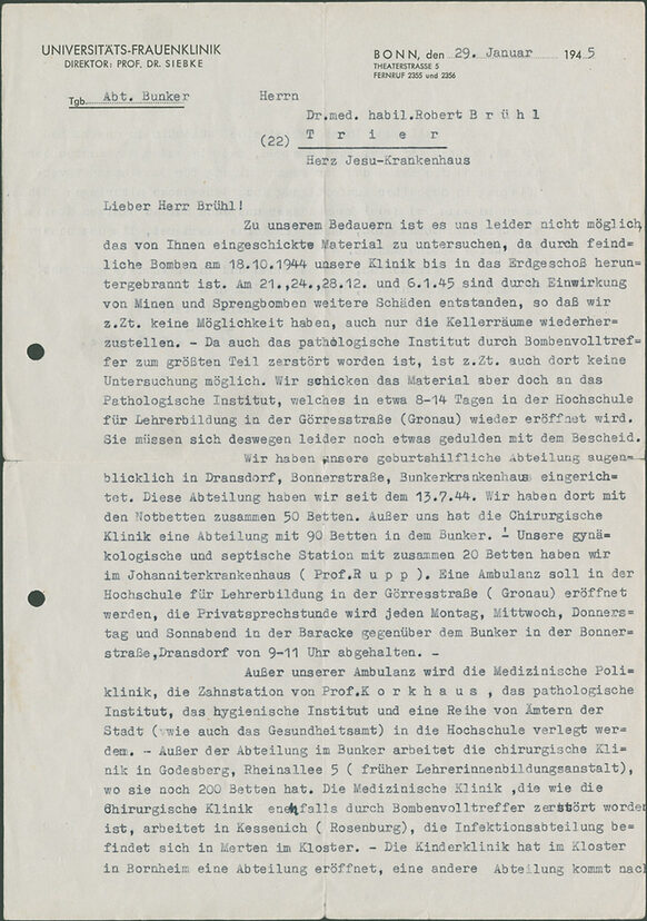 Brief aus der Bonner Universitätsfrauenklinik an den Arzt Dr. Robert Brühl vom Herz-Jesu-Krankenhaus in Trier (StABN SN19/860)