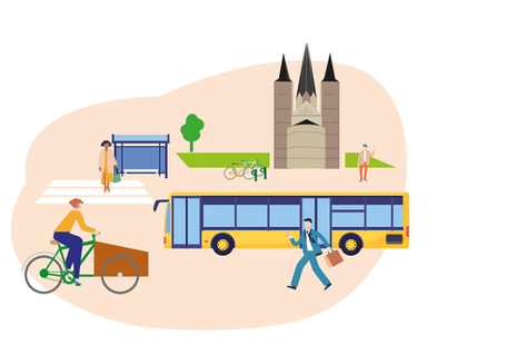 Die Illustration zeigt verschiedene Menschen rund um das Bonner Münster, die unterschiedlich unterwegs sind: Mit dem Rad, dem Bus und zu Fuß.