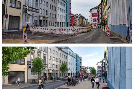 Das Bild ist eine Collage und zeigt oben ein Foto der jetzigen Baustelle in der Bornheimer Straße und unten eine Visulisierung der Straßen nach der Umgestaltung.