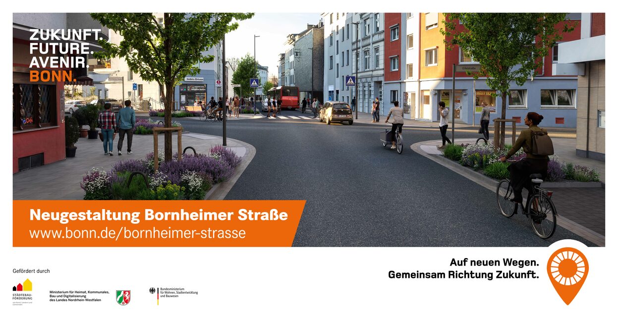 Die Visualisierung zeigt die fertig gestellte Bornheimer Straße mit breiten Gehwegen und viel Grün.