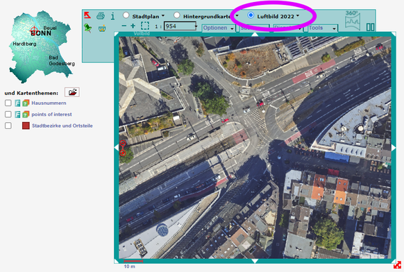 Screenshot des Stadtplans Bonn mit der aktualisierten Luftbildkarte
