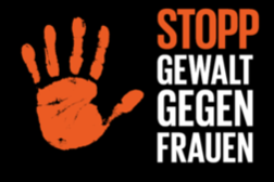 Orange Hand auf schwarzem Grund mit dem Spruch Stopp Gewalt gegen Frauen.