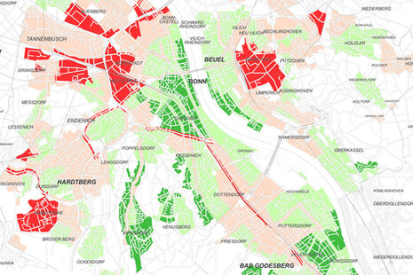 Auszug aus dem Stadtplan mit dem Mietspiegel 2022 für Bonn