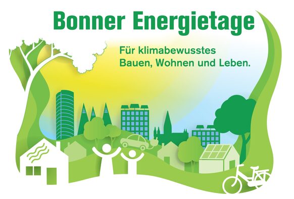 Zeichnung mit Häusern, Bäumen, Menschen und Schriftzug Bonner Energietage - Für klimabewusstes Bauen, Wohnen und Leben.