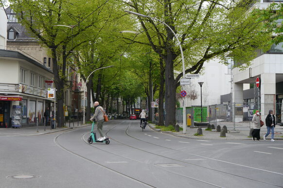 Mit Bäumen gesäumte Straße mit Straßenbahnschienen, E-Tretroller-Fahrer, Fußgänger*innen und Radfahrer*in