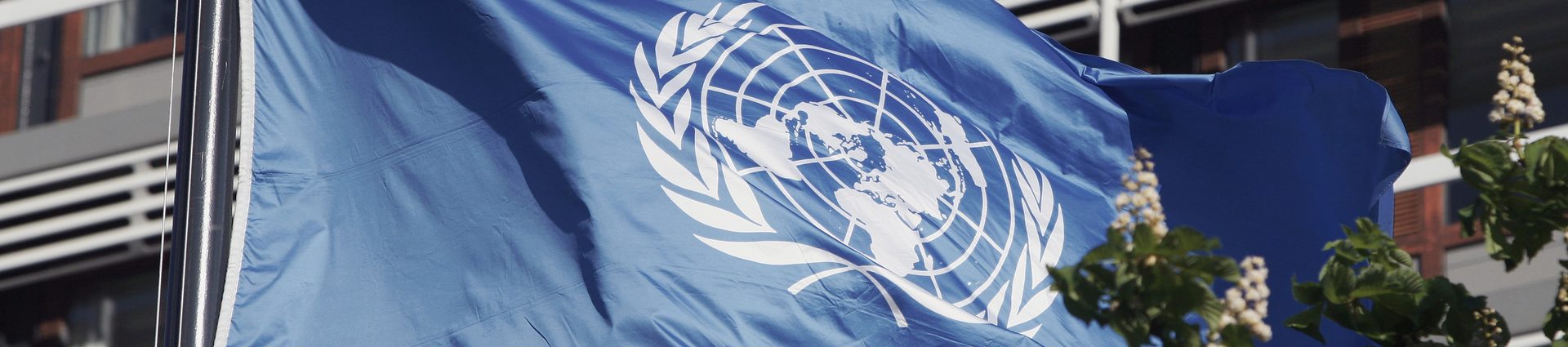 Die blaue Fahne der Vereinten Nationen vor dem UN Tower