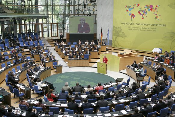 Biodiversitätskonferenz im Plenarsaal des WCCB mit Bundeskanzlerin Angela Merkel am Rednerpult