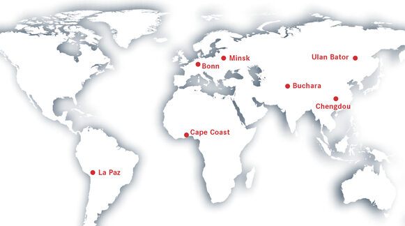 Die Grafik zeigt eine Weltkarte mit Projektpartnerstädten