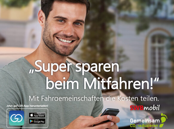 Das Plakatmotiv zur goflux-App zeigt einen Mann mit einem Smartphone.