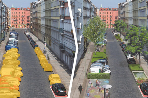 Mit Carsharing würden die links gelb markierten Pkw überflüssig und der entstehende Raum könnte anders genutzt werden