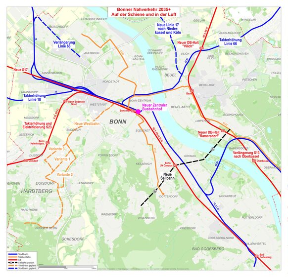 Eine Karte zeigt bunte Linien im Stadtplan, die bestehende und neue Zug- und Bus-Verbindungen darstellen.
