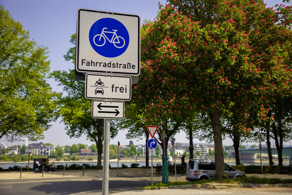 Ein "Fahrradstraße"-Schild. Im Hintergrund das Rheinufer und Bäume.