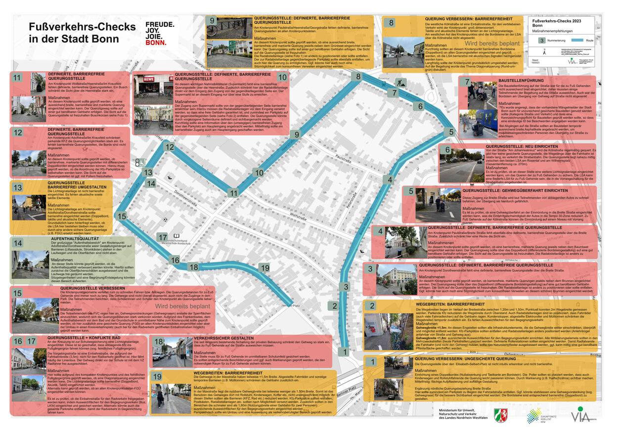 Das Bild zeigt einen Plan der Nordstadt, in dem Orte, die für den Fußverkehr verbessert werden sollen, markiert und beschrieben werden.