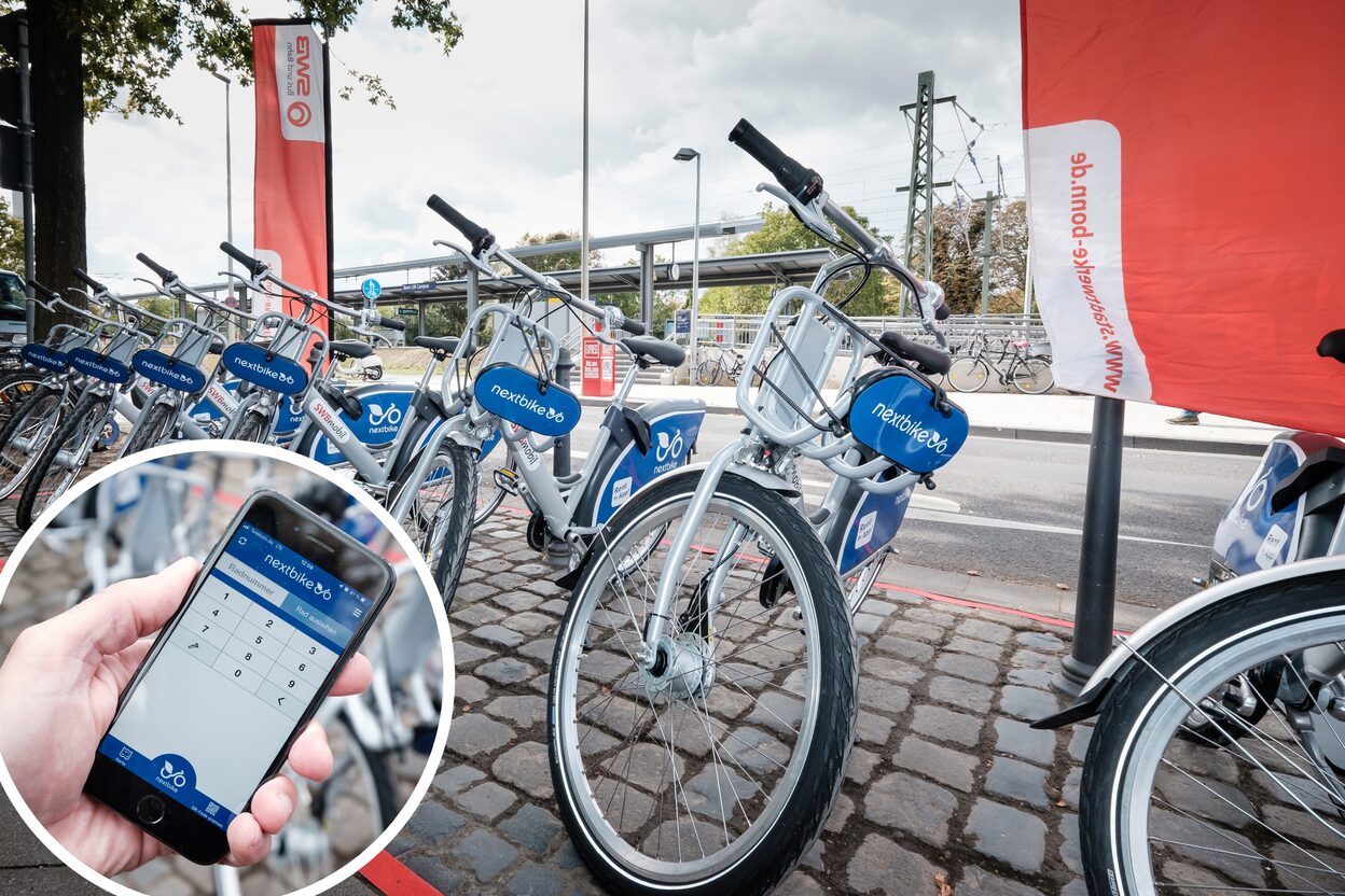 Die Fotomontage zeigt ein Smartphone und mehrere Mietfahrräder von Nextbike