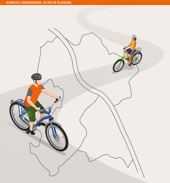 Die Grafik zeigt eine Karte mit einem Radfahrer, der links vom Rhein zu sehen ist und einer Radfahrerin auf der rechten Rheinseite.