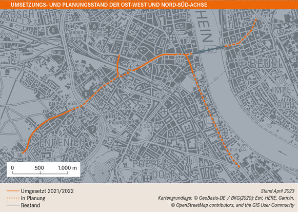 Eine Karte zeigt den Verlauf der Ost-West- und Nord-Süd-Achse der Radwege in Bonn.