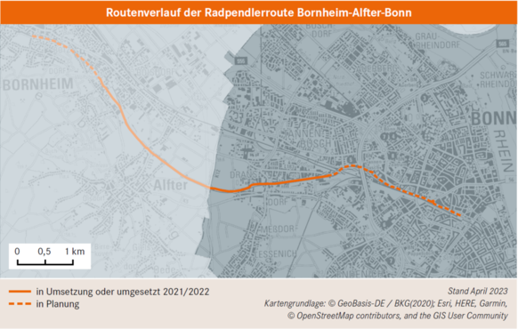 Die Karte zeigt den Routenverlauf der Radpendlerroute Bornheim-Alfter-Bonn.