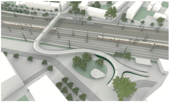 Das Bild zeigt einen Entwurf für die geplante Brücke über die Bahngleise am Bahnhof West.