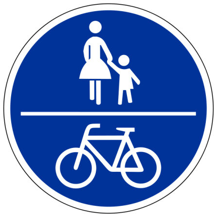 Auf einem runden Schild sind oben Fußgänger und darunter ein Fahrrad zu sehen.