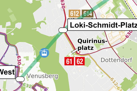 Kartenausschnitt der geplanten Seilbahntrasse rund um den Loki-Schmidt-Platz