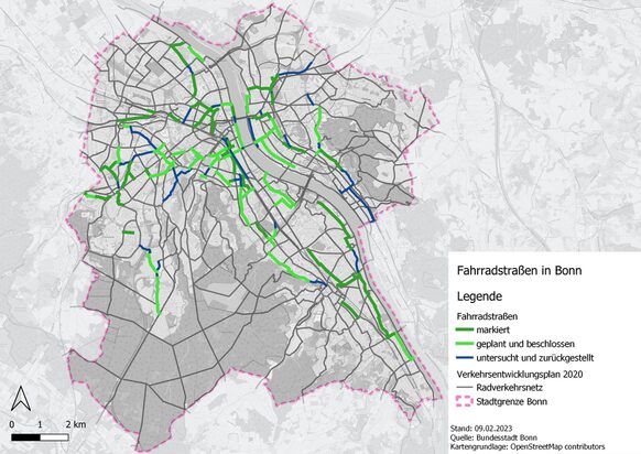 Eine Karte zeigt einen Stadtplan mit den Fahrradstraßen in Bonn.