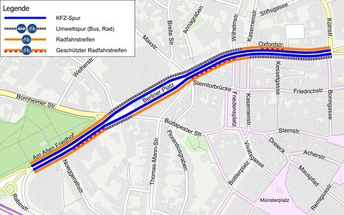 Die Karte zeigt, dass Rad- und Busverkehr künftig mehr Platz zwischen Altem Friedhof und Bertha-von-Suttner-Platz haben werden.