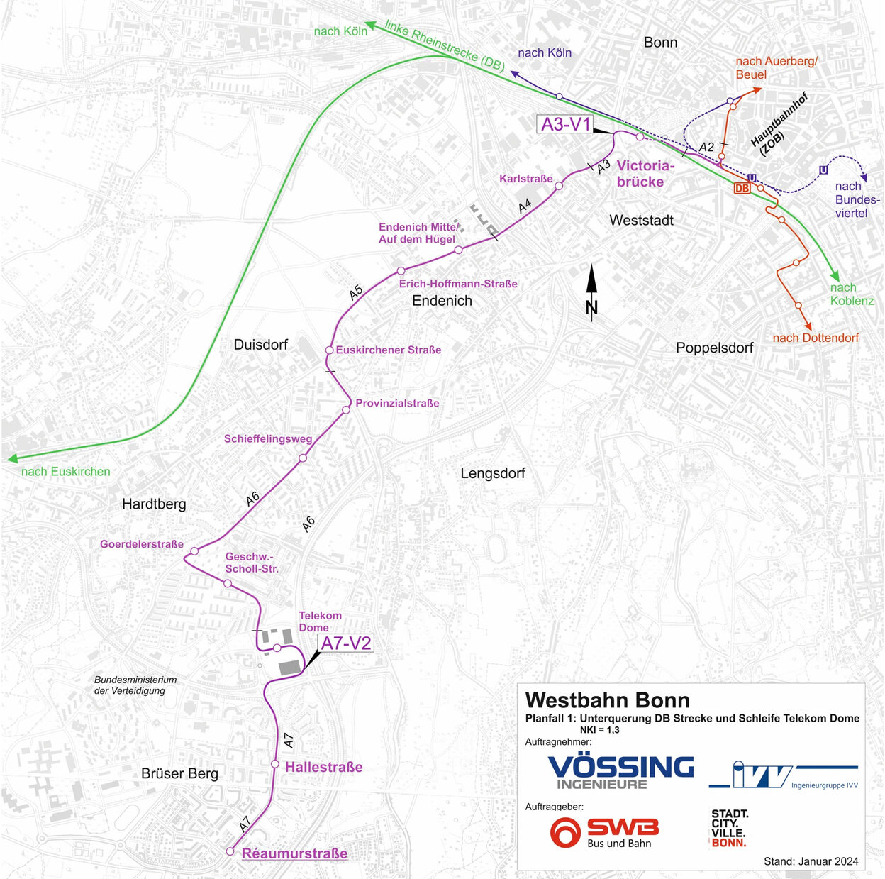 Die Karte zeigt den Verlauf der Westbahn mit der geplanten Streckenführung und den vorgesehenen Haltepunkten.
