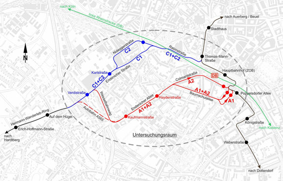 Eine Skizze zeigt die möglichen Streckenführungen der geplanten neuen Stadtbahn Richtung Bonner Westen. .