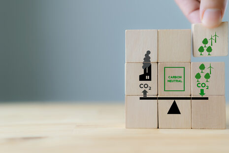 Eine Hand setzt den letzten Quader in einem Holzpuzzle, das ein Motiv zur CO2-Neutralität zeigt
