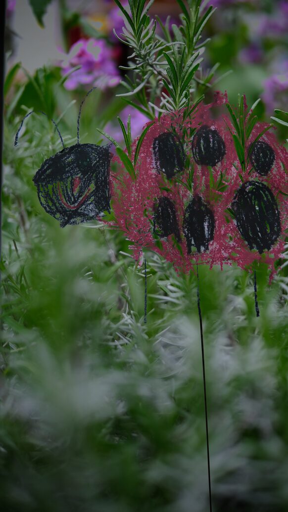 Ein gemalter Marienkäfer vor dem Foto einer Blumenwiese
