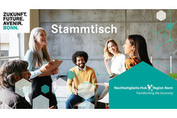 5 Personen im Gespräch im Arbeitskontext, fröhliche Stimmung, Titel: Stammtisch. Logo Nachhaltigkeits-Hub Region Bonn.