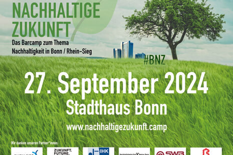 Eine grüne Wiese mit einem großen Baum und der Hinweis zum Barcamp am 27.09.2024 im Stadthaus Bonn.