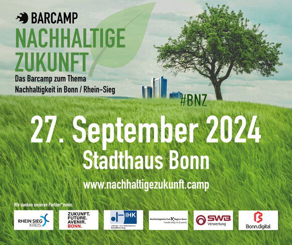 Eine grüne Wiese mit einem großen Baum und der Hinweis zum Barcamp am 27.09.2024 im Stadthaus Bonn.
