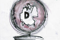 Die Zeichnung zeigt einen Globus mit einem einzigen Kontinent, der die Umrisse von Deutschland hat und den Buchstaben D in der Mitte trägt