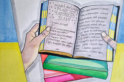 Die Zeichnung zeigt die Hände einer Person, die ein Buch mit kyrillischem Text halten