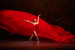 Eine rot gekleidete Tänzerin vor rot aufgebauschten Stoffbahnen